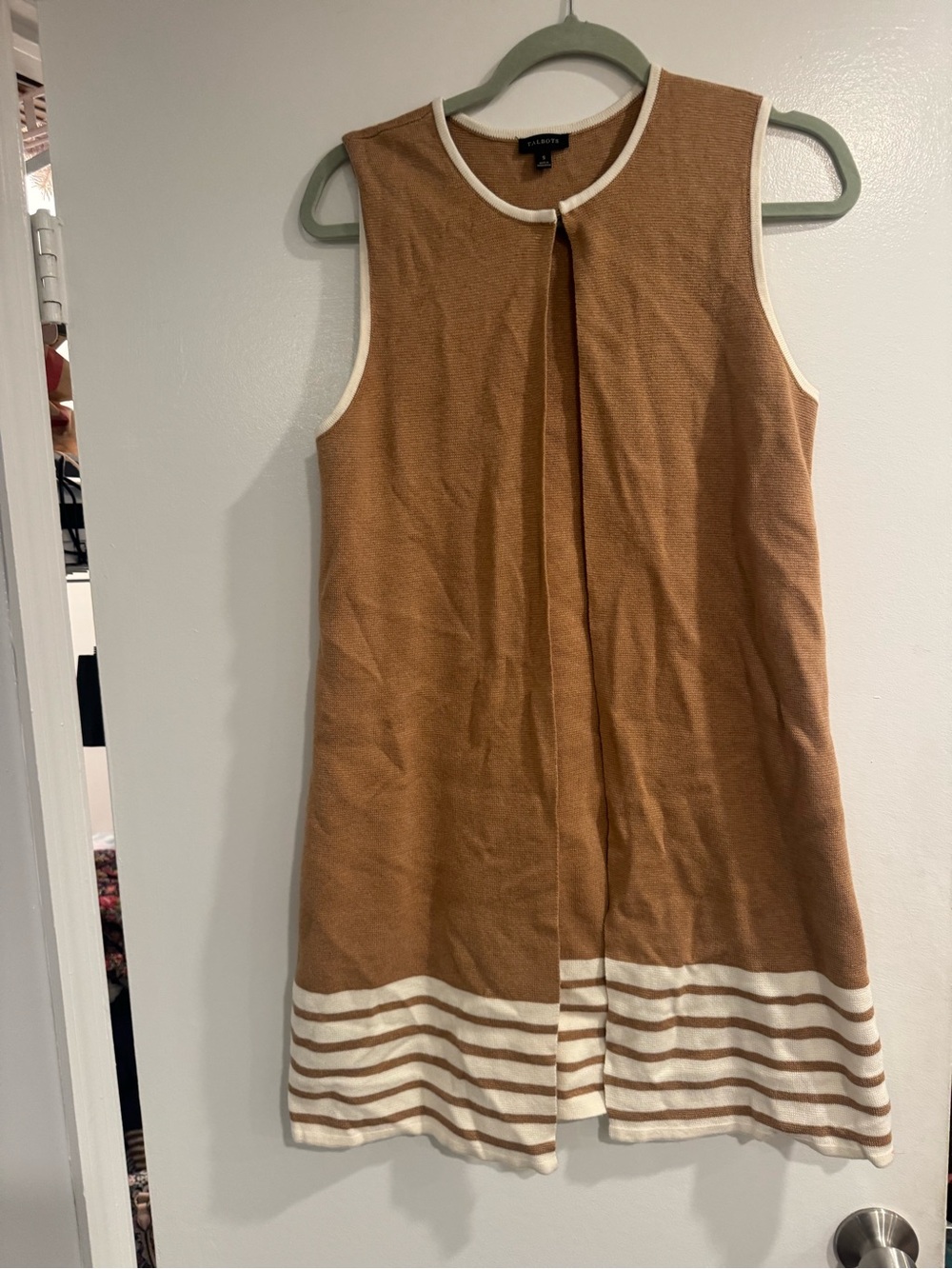 Talbots Tan Sleeveless Sweater Vest Small White Trim Striped Hem Preppy Knit Top